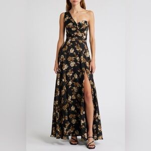 Lulu’s Fashionably Refined Black Floral Print One-Shoulder Maxi Dress Size 1X